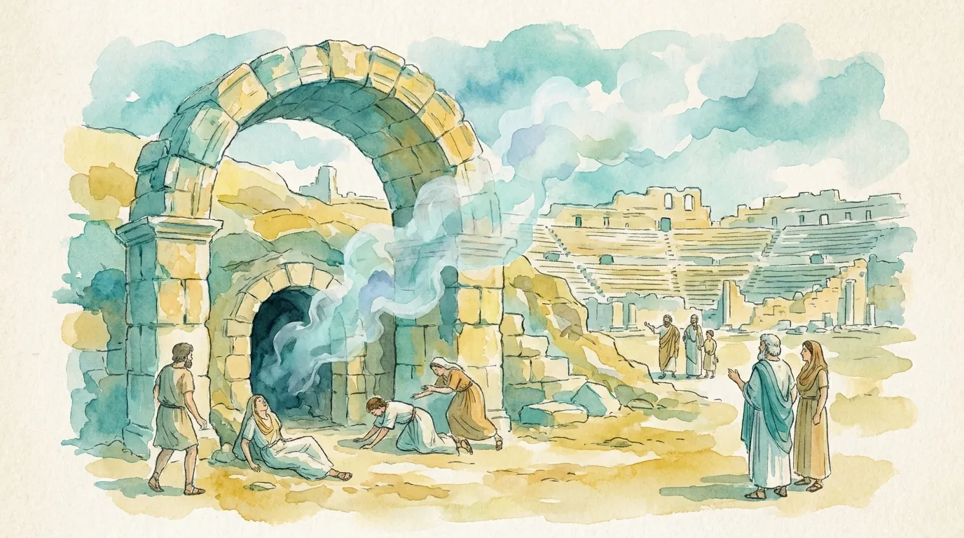Fenced viewing platform over the Plutonium cave entrance at Hierapolis, with faint steam rising from the thermal spring below