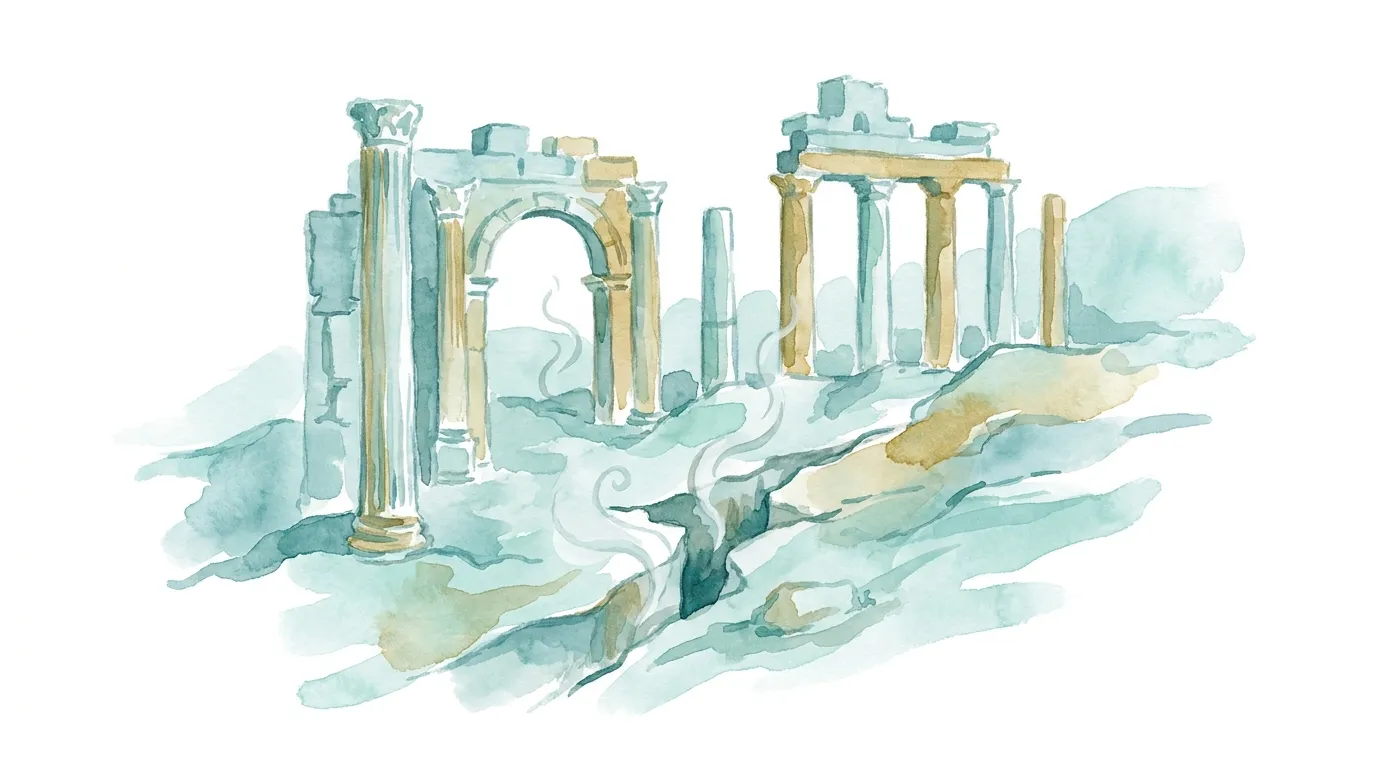 Weathered column bases and stone platform of the Temple of Apollo at Hierapolis, with the fenced Plutonium opening beside it
