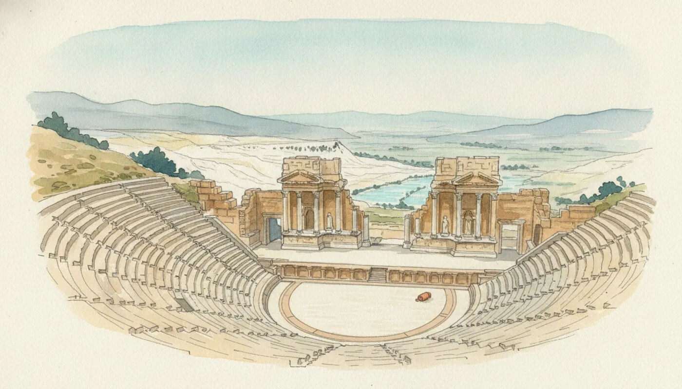 Cream typographic cover with a stylized Roman theatre and columns rising above turquoise Pamukkale terraces