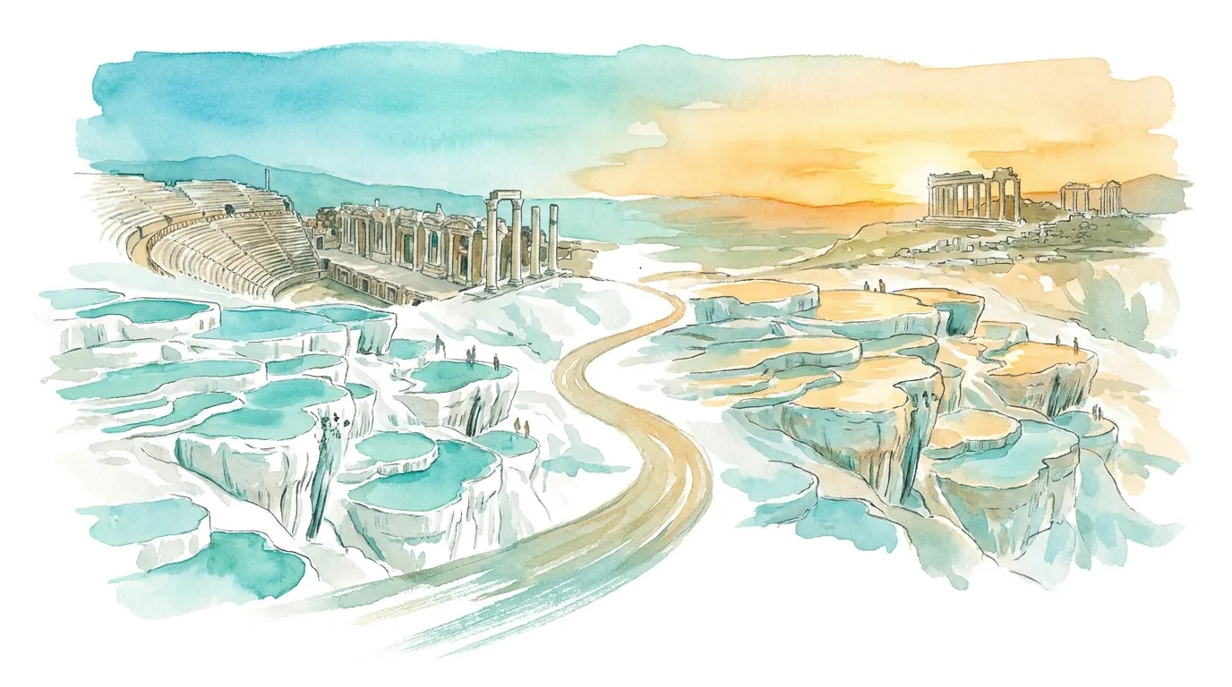 Traveler walking down the white travertine terraces of Pamukkale in early morning light, with the Hierapolis ruins visible on the ridge above.