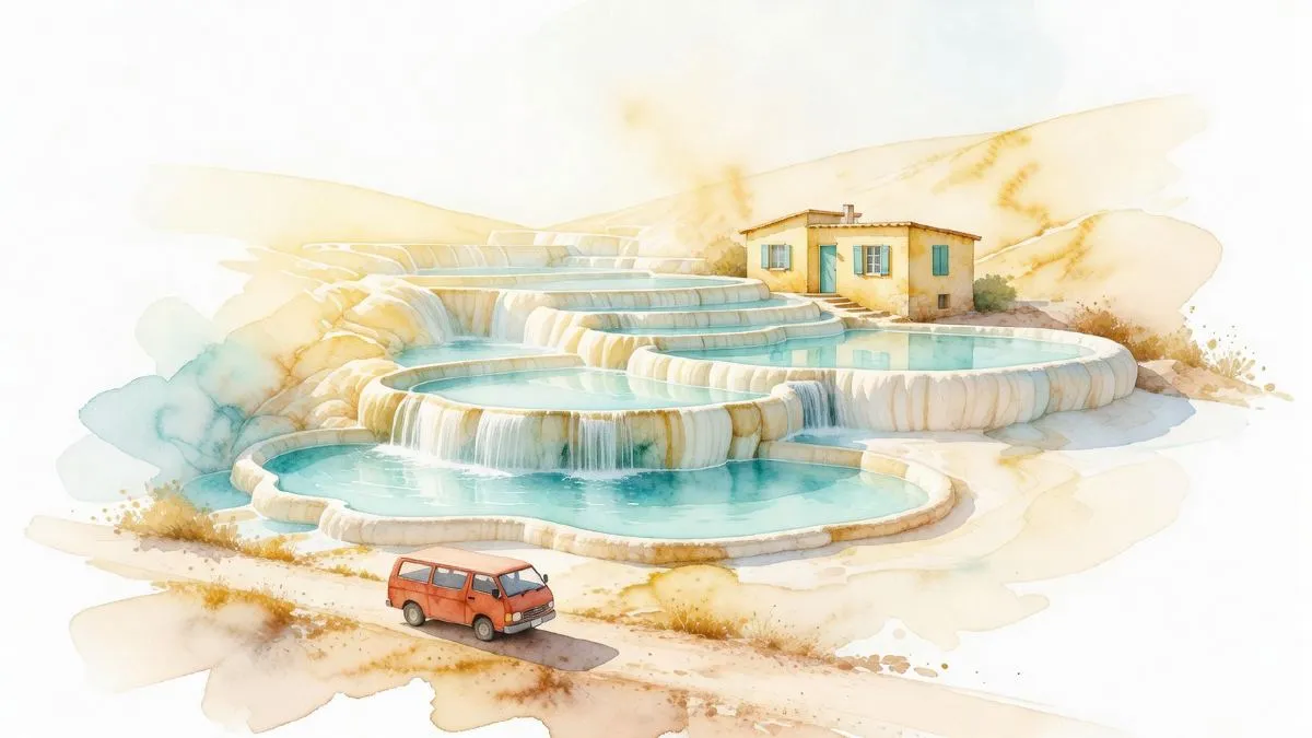 Small guesthouse pool with red-tinted thermal water in Karahayit village near Pamukkale