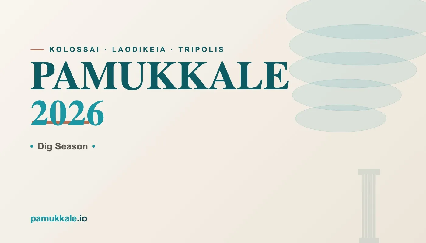 Typographic cover on cream: deep teal PAMUKKALE and turquoise 2026 with a Dig Season label, the city names Kolossai Laodikeia Tripolis, and abstract travertine terraces beside an ancient column