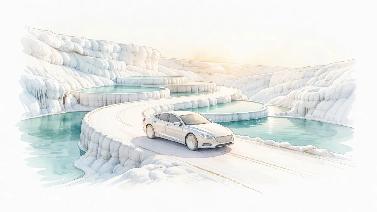 Soft watercolour illustration of a rental car on the road toward Pamukkale and its travertines