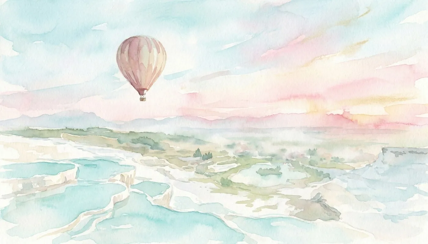 Watercolour of a single hot-air balloon drifting over the pale turquoise Pamukkale terraces at dawn, mist in the valley below