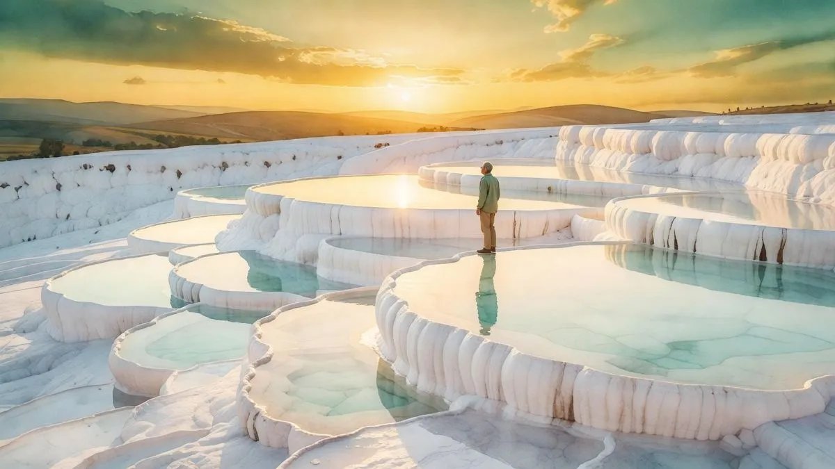 Pamukkale travertines bathed in warm golden light during sunset, shallow water reflecting amber tones across the white terraces