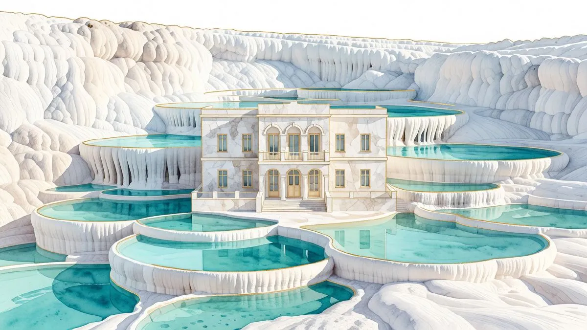 Pamukkale travertines viewed from a quiet thermal and boutique hotel garden