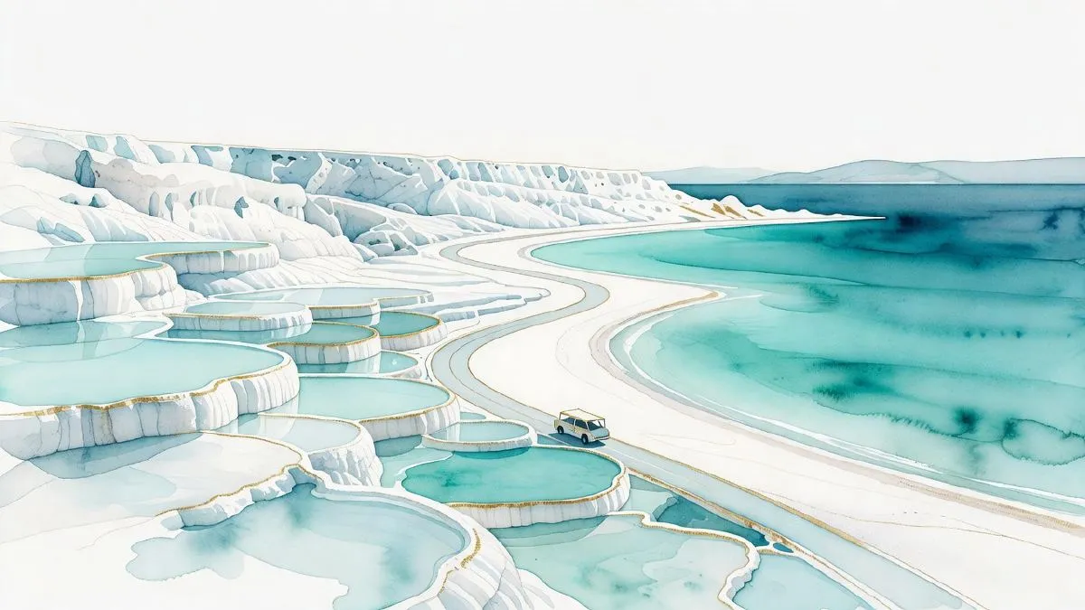 Soft watercolour illustration of the road from Pamukkale to Salda Lake, with pale hills and a calm blue lake