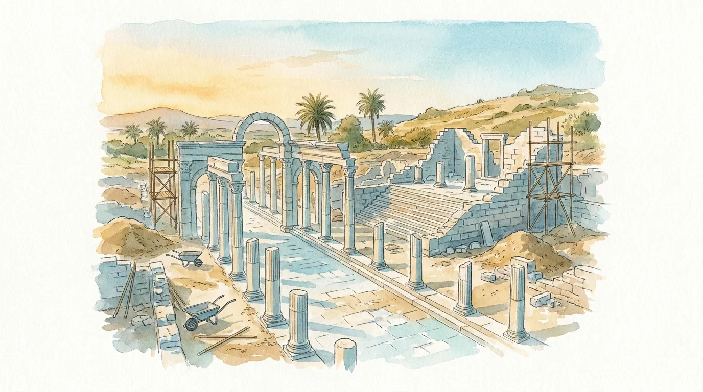 Restored colonnaded street at Tripolis ancient city with standing columns in afternoon light