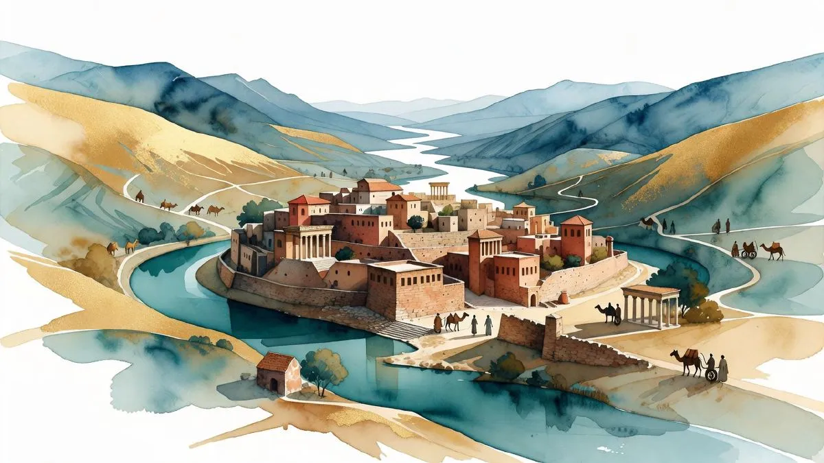 Watercolour illustration of the Tripolis ruins beside the Maeander river near Buldan